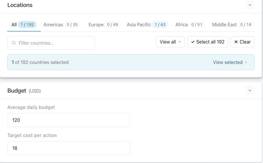 PingPlus campaign form showing location, daily budget, and target cost controls with sample data